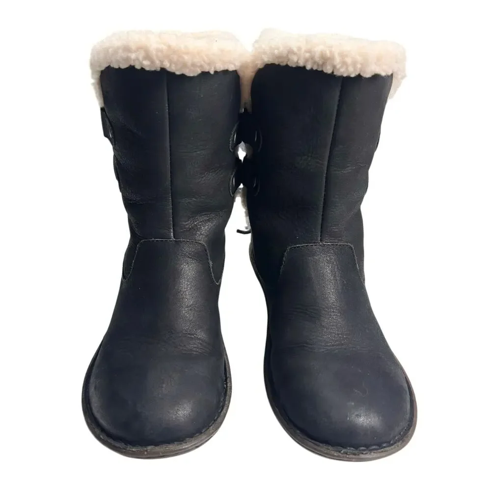 Ugg | Women | Akadia Black Leather Sheepskin Fur Pull On Fall Boots | Size US 7